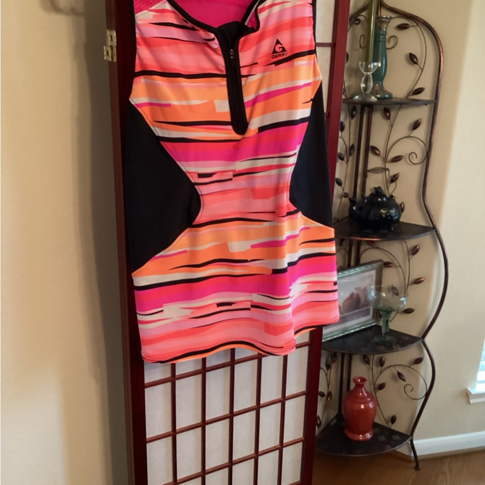 Gerry Pink & Orange Striped swim wear Tank with Black Side Panels